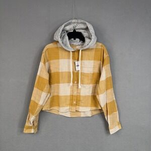 American Eagle Shirt Womens Medium Yellow Plaid Hooded Cropped Flannel Hoodie
